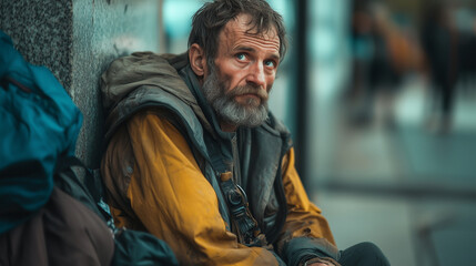 Fototapeta premium A homeless man sitting on the pavement, his face a mixture of struggle and resilience