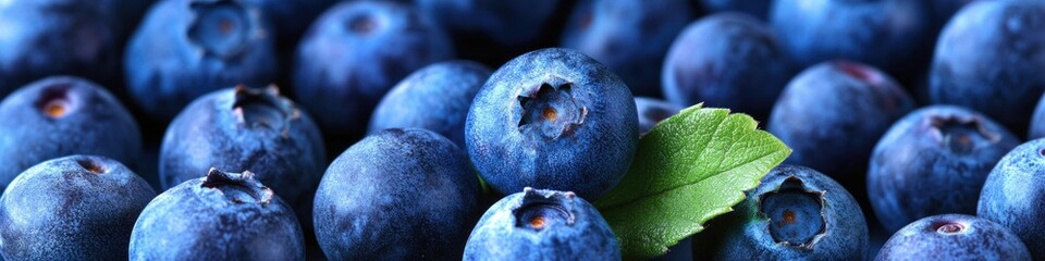 Obraz premium Fresh blueberries with a leaf, ideal for food and nature photography