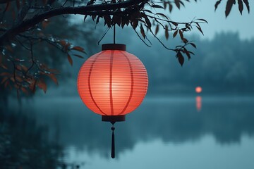 Obraz premium Chinese paper lantern hanging on tree branch against lake background