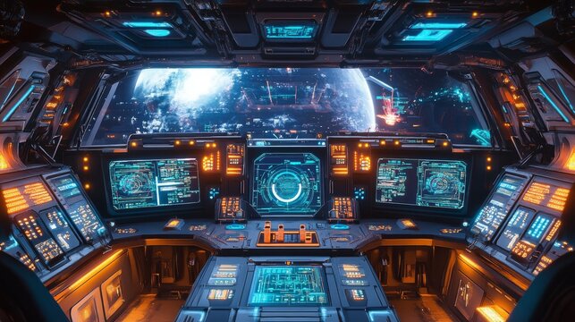 An elaborate sci-fi spaceship cockpit with multiple control panels, holographic screens, and glowing lights.