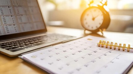 Time Management and Planning: A Modern Workspace with Laptop, Calendar, and Clock.  Essential tools for a productive day.