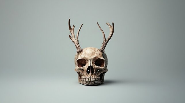 Low Poly Skull with Antlers on Neutral Background