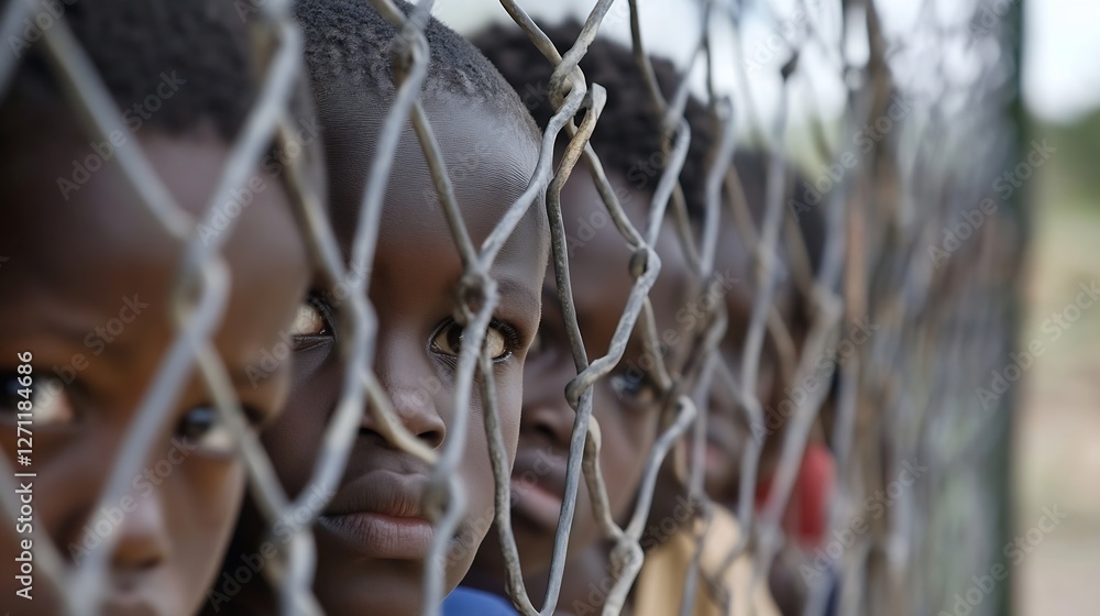 Poster thoughtful children peer through a chain link fence highlighting themes of innocence and childhood d