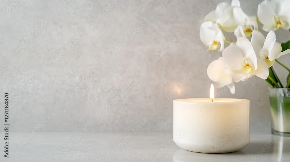 Poster a serene white candle surrounded by elegant orchids on a smooth surface creating a tranquil atmosphe