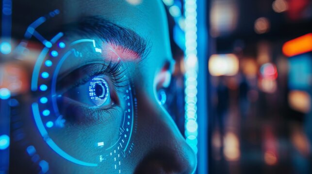 A person focuses intently on a digital biometric scanner surrounded by vibrant blue lights in an urban environment at night, highlighting technological advancement.