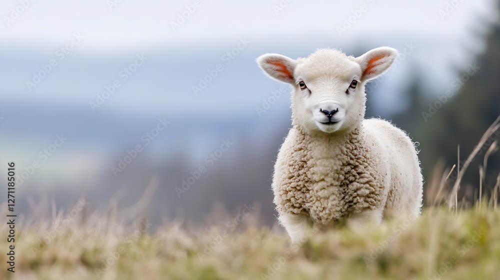 Poster adorable fluffy lamb standing in the green pasture on a cloudy day looking directly at the camera : 