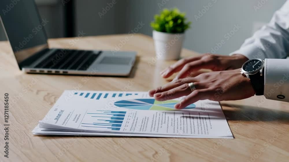 Poster businessman's hands review a financial report with charts and graphs, captured in slow motion, empha