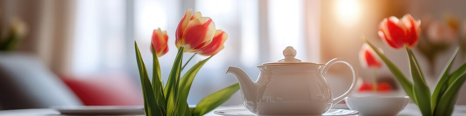 Naklejka premium A white tea pot sits on a table, ready for use