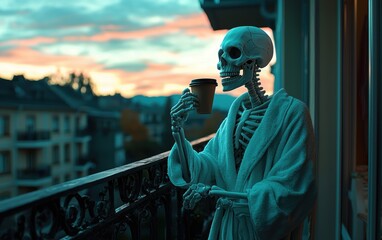 A skeleton in a bathrobe drinking coffee on a balcony