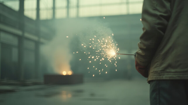 Person holding a lit sparkler in a smoky industrial space.