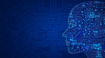 Abstract Human Head Silhouette Formed by Circuit Boards and Binary Code on Blue Background