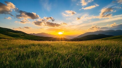 Breathtaking sunset landscape with golden rays breaking through clouds over a field of vibrant green grass : Generative AI