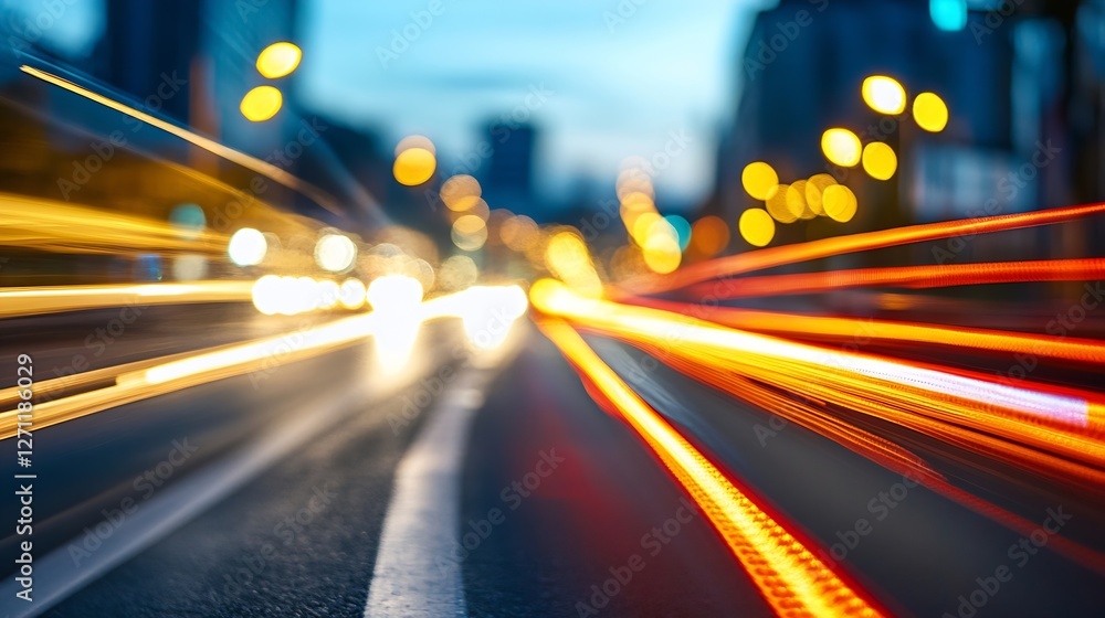 Aufkleber dynamic urban scene at dusk with light trails from fastmoving cars creating a vibrant city atmospher