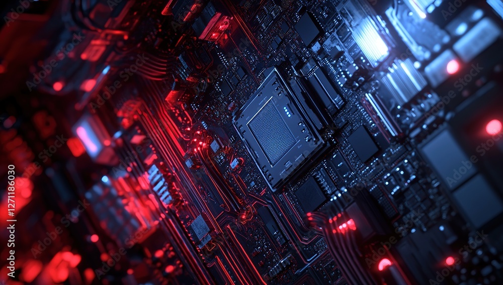 Poster exploring intricate computer motherboard circuits: a close-up view of complex technology with red an