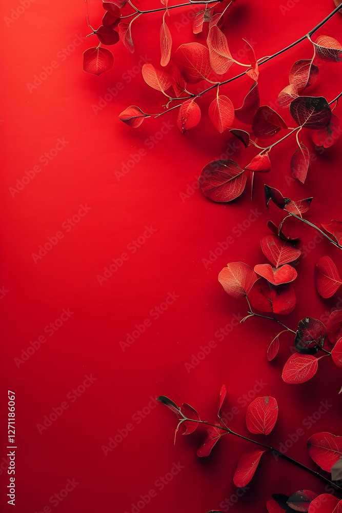 Poster Vibrant red background adorned with delicate red leaves creating a striking visual contrast