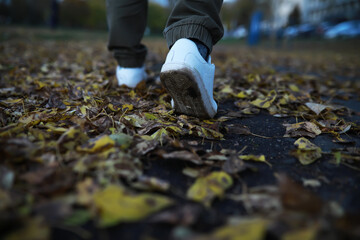 Close-Up of Sneakers Walking on Fallen Autumn Leaves in Urban Park