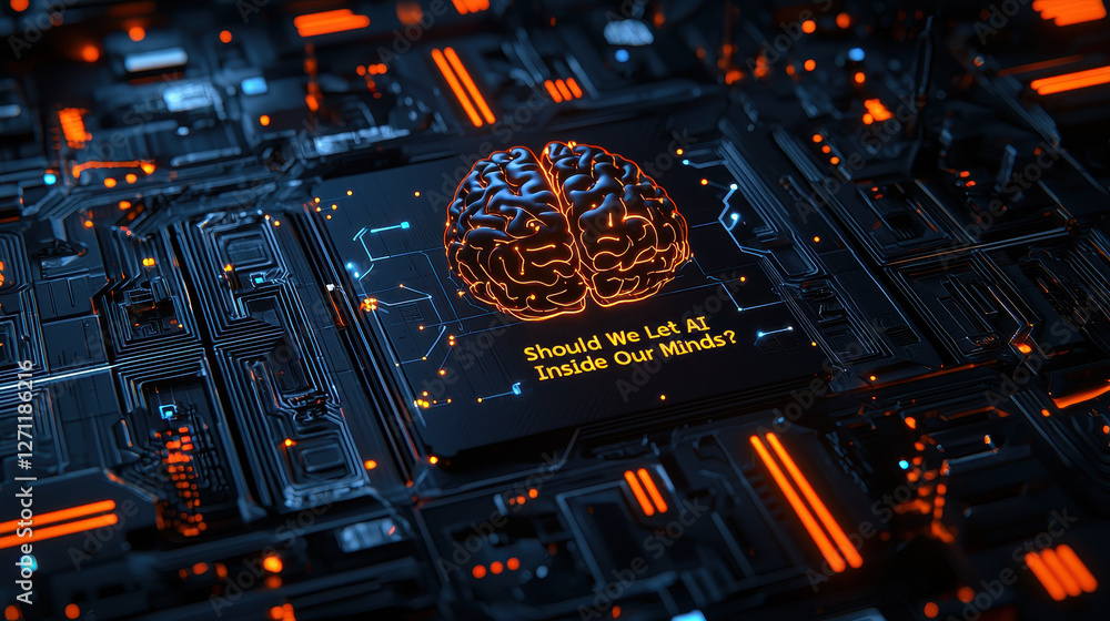 Poster exploring the fusion of human cognition and artificial intelligence in a cyberpunk landscape
