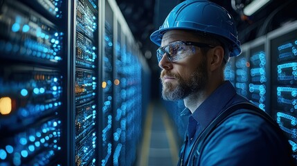 Technician inspecting server racks in data center