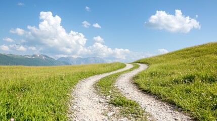 Winding mountain road, summer day, green meadow, blue sky. Use travel brochure