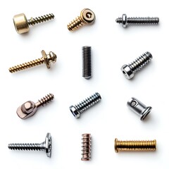 A collection of screws and bolts in various shapes and sizes, isolated on a white background.