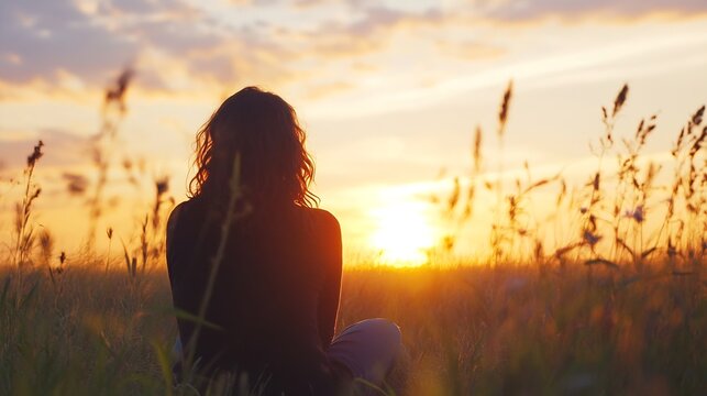 Silhouette of a Woman Sitting in a Field at Sunset Embracing Nature's Beauty : Generative AI