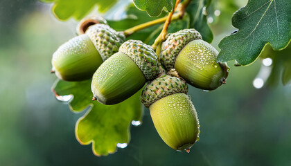 Fresh Green Acorns on an Oak Branch