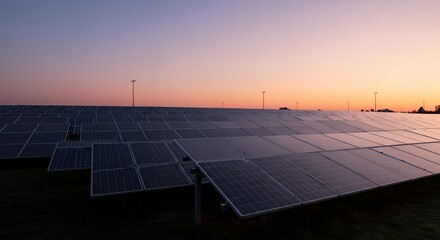 Solar Panels Farm at Sunset Sky Producing Clean Energy