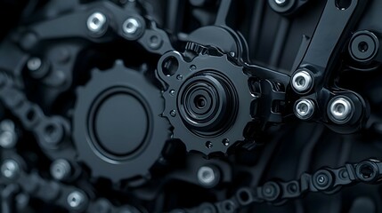 Close-Up of Dark Grey Metal Gears and Chain Mechanism
