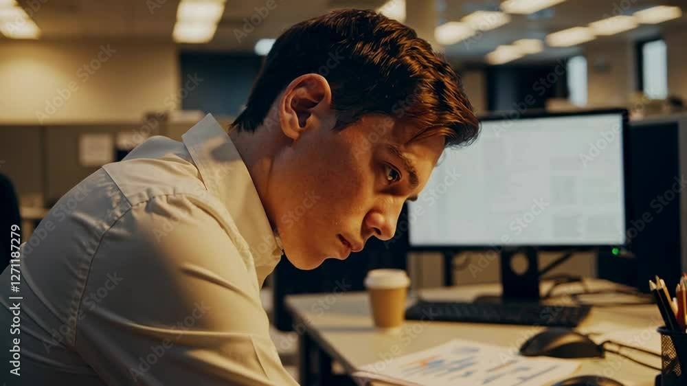 Poster exhausted office employee works late at night, struggling with burnout and overwork in a dimly lit o
