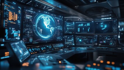 Fototapeta premium Global Network Monitoring System: Real-time Data Visualization and Analysis for Enhanced Security, Advanced Technology Showcase.