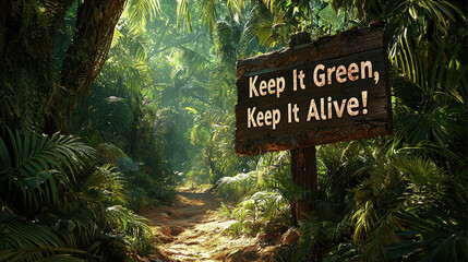 Lush rainforest bathed in sunlight with a wooden sign urging conservation and harmony with nature