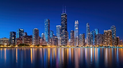 Obraz premium Night City Skyline with Water Reflection