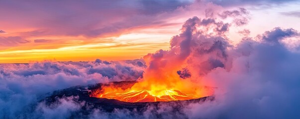 Fototapeta premium Volcanic landscapes idea. A stunning sunset view of an active volcano erupting amidst colorful clouds.
