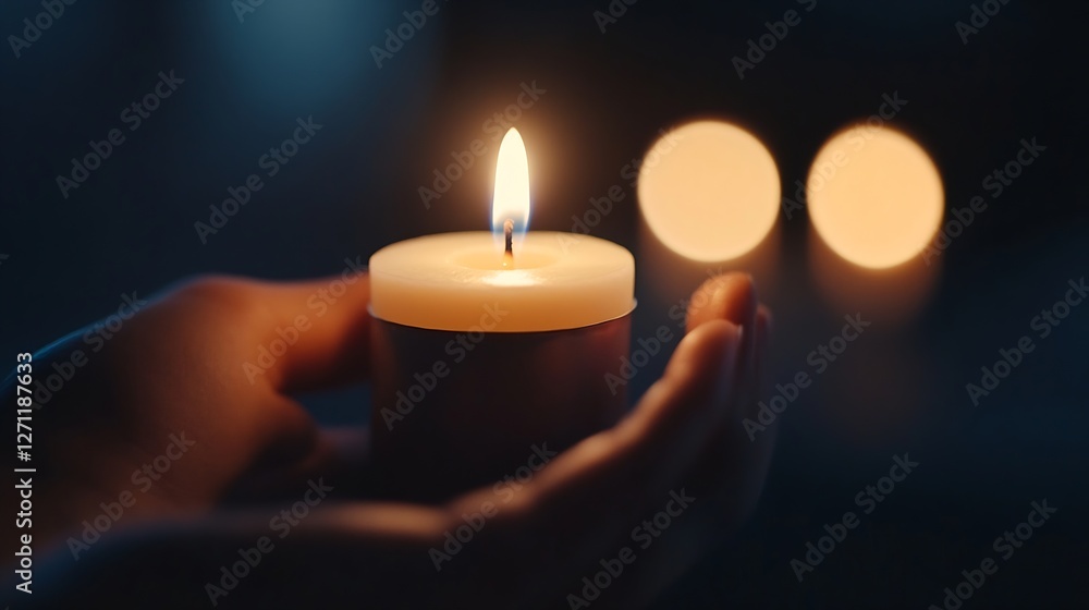 Poster a close up of a hand holding a candle with a warm flame glowing softly in a dark setting : generativ