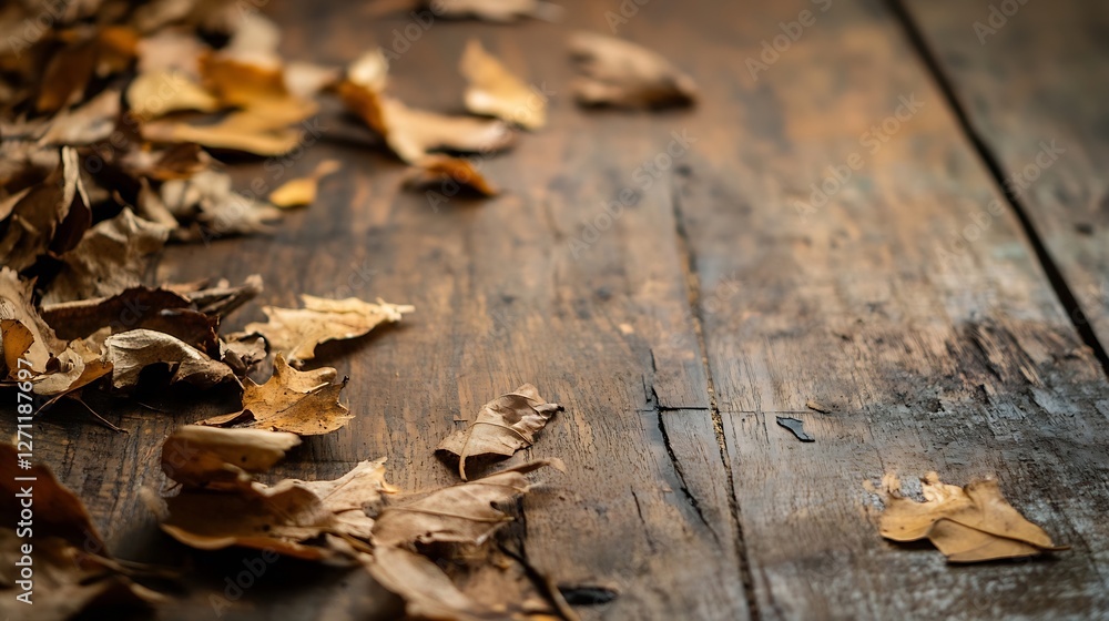 Aufkleber fallen dry leaves scattered on wooden floor creating a rustic and autumnal atmosphere : generative a