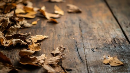 Fallen dry leaves scattered on wooden floor creating a rustic and autumnal atmosphere : Generative AI