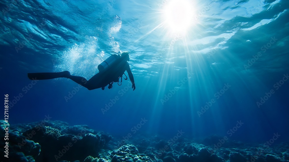 Aufkleber diver exploring the clear blue ocean underwater with sun rays shining through the surface : generati