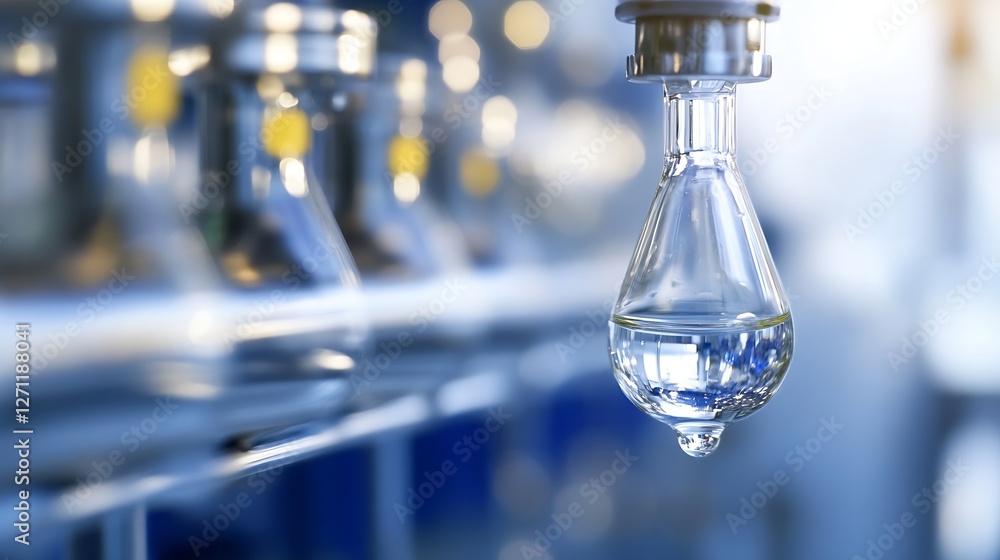 Poster closeup of a glass dropper bottle filled with liquid suspended in light with blurred background : ge