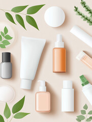 Minimalist natural skincare and hygiene products flat lay