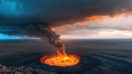 Volcanic landscapes idea. Breathtaking view of an active volcano erupting with glowing lava and billowing smoke.