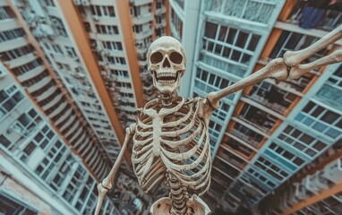 Fototapeta premium A skeleton taking a selfie at the top of a skyscraper