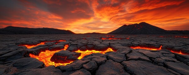 Naklejka premium Volcanic landscapes concept. A stunning volcanic landscape with glowing lava against a dramatic sunset sky.