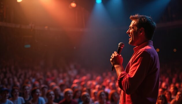 Comedian on stage delivers punchline, holds microphone. Man smiles at captivated audience in background. Stand up comedy show artist performs live. Entertainment event, humor performance, speech in