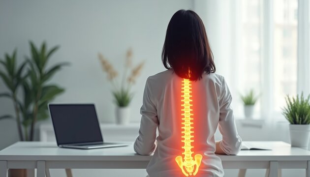 Woman sitting at desk, highlighted spine. Concept of correct posture, back health at workplace, office ergonomics. Spine visualisation of healthy vertebral alignment. Preventing back pain with
