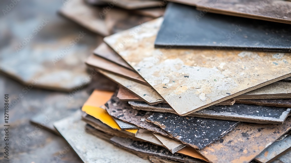 Aufkleber Close up of a stack of colorful worn tiles showcasing textures and patterns in a construction material context : Generative AI
