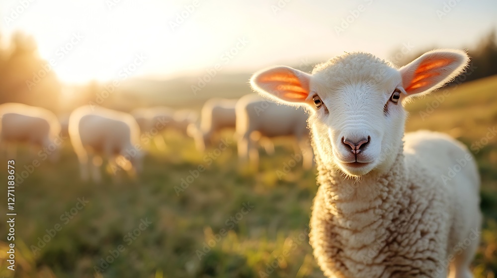 Poster a curious sheep looking at the camera in a sunlit green pasture during golden hour : generative ai