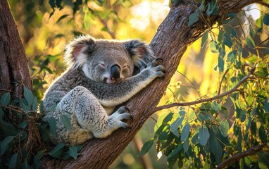 Obraz premium A sleepy koala resting on a eucalyptus tree