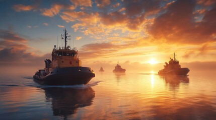 Fototapeta premium A serene scene of two boats floating on calm water as the sun sets in the background