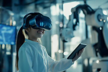 A child wearing a virtual reality headset smiles while holding a tablet, surrounded by robotic technology in a futuristic environment.