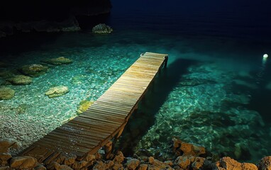 A small wooden pier extending into crystal-clear waters